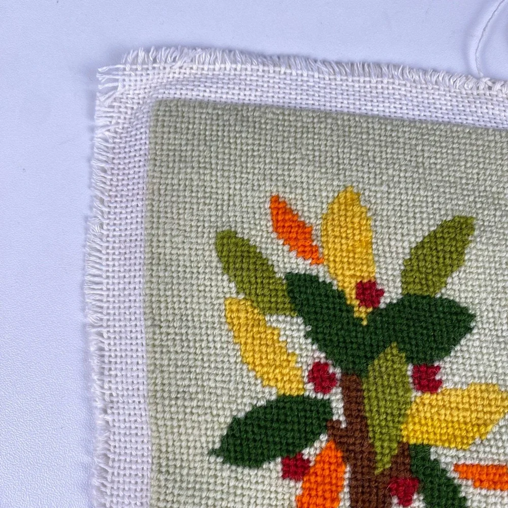 Vintage Handmade Needlepoint Fruit Tree Textile Art Sage Green 6.5x8.5 Folk Art